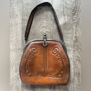 Antique Art Nouveau Floral Flower Hand Tooled Brown Leather Purse JEMCO 1921